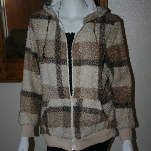 Khaki Plaid Print  Fleece Hoodie Jacket NWOT - Picture 2 of 5